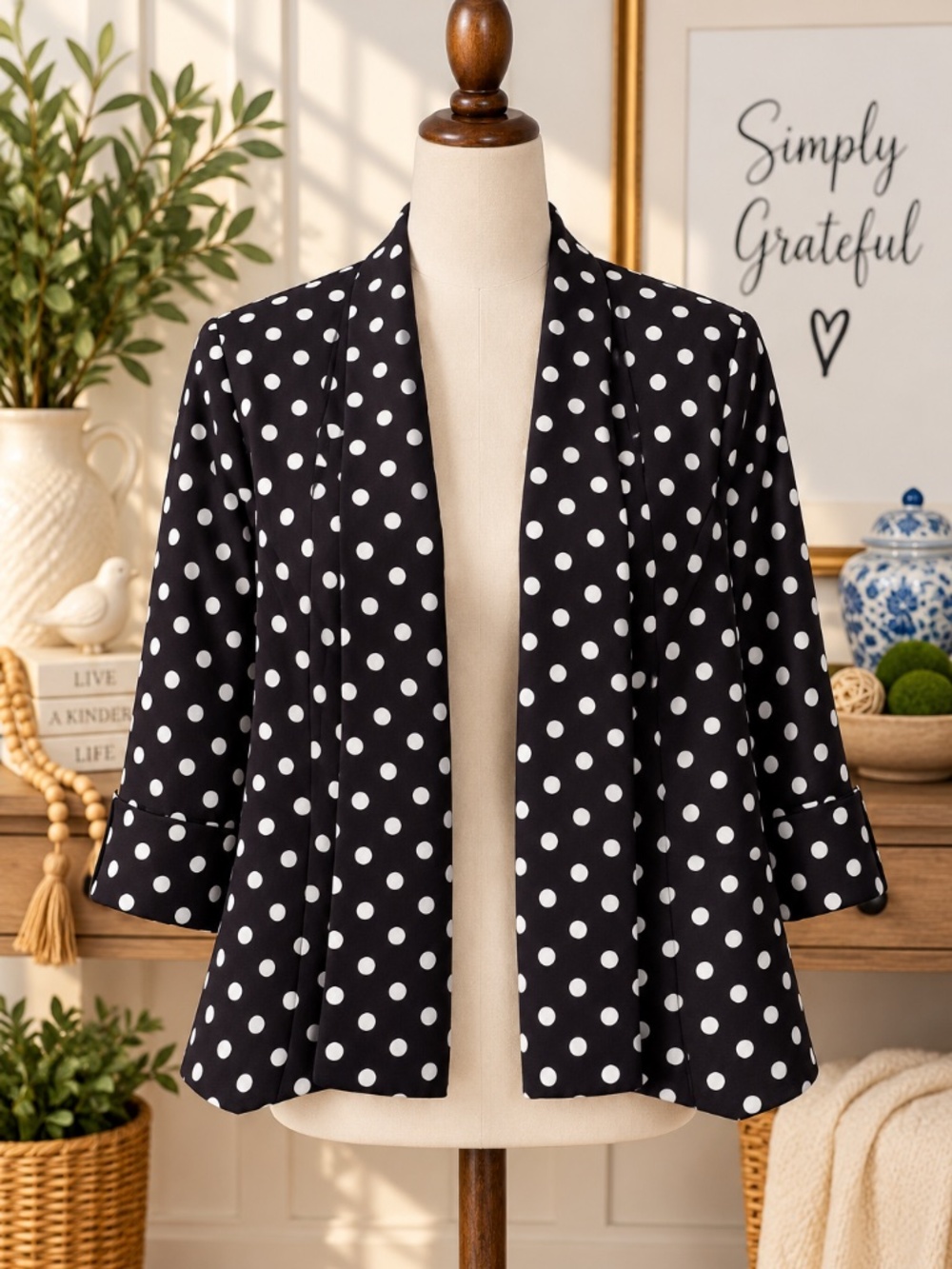 Kasper 10P Black White Polka Dot Open Front Blazer Petite
